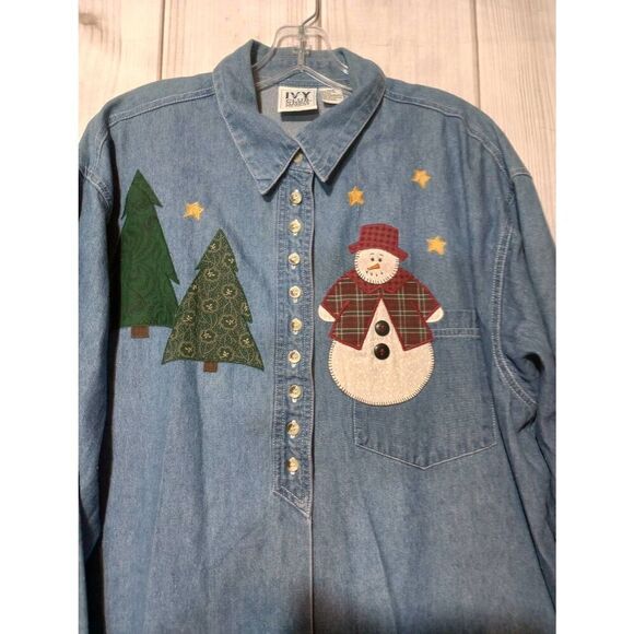 Christmas‎ Shirt Ladies 20W Chambray Button Front Snowman Christmas Tree Vintage - Picture 4 of 8